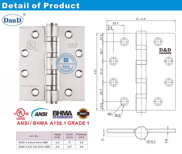 ANSI Grade 1 UL SS316 Heavy Duty FIre Resistance Exterior Door Hinge